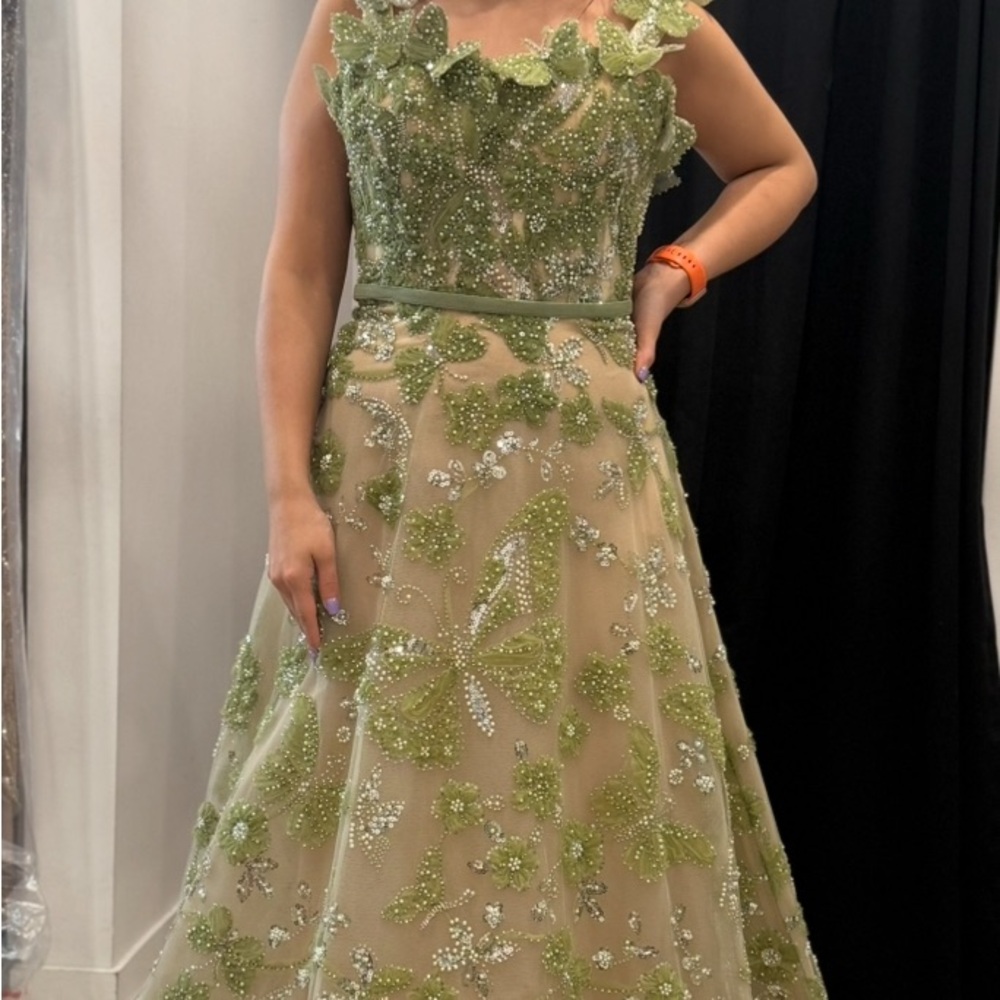 MNM Couture Olive and Silver Embellished Gown
